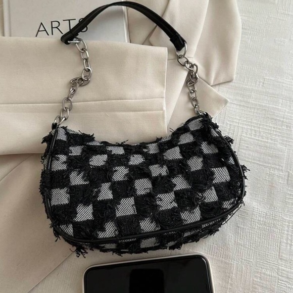 Checkerboard Chain Shoulder Bag - Black & Gray - Picture 7 of 7